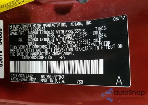 2012 Toyota Sienna Xle z USA, uszkodzony, nr VIN 5TDDK3DC5CS047009